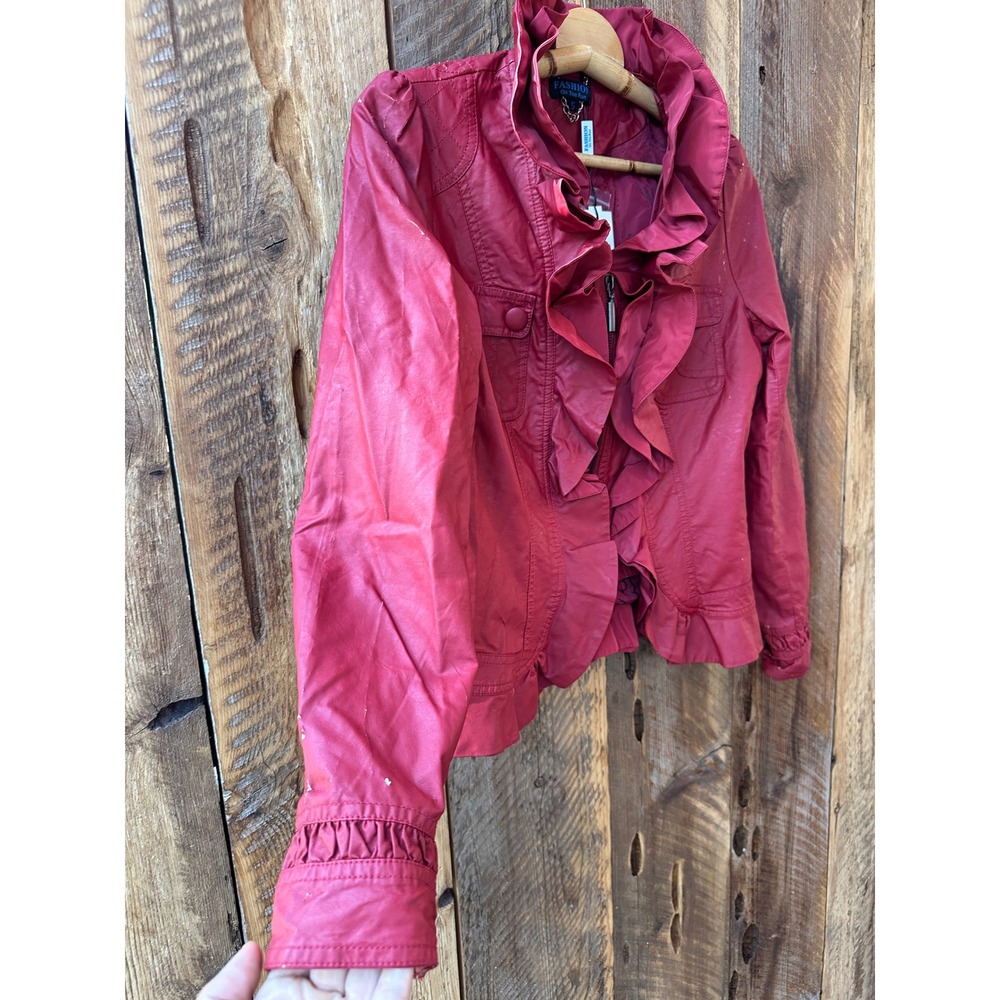 Red Ruffle Faux Leather Jacket Small Moto Biker Cropped Fashion On The Run - Picture 6 of 14